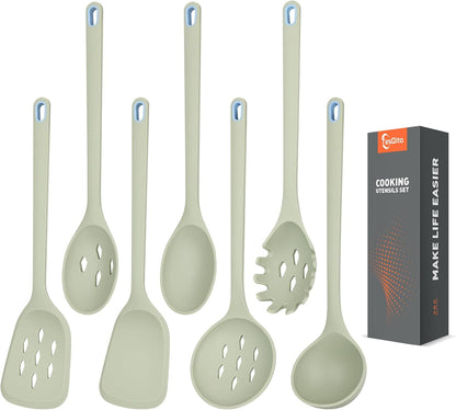Large Silicone Utensils Set of 7 for Cooking,No Scratch for Nonstick Cookware,Pasta Server,Spaghetti Spoon,Slotted Spoon&Spatula,Solid Spoon&Spatula,Skimmer,Soup Ladle BPA Free Heat Resistant (Green)