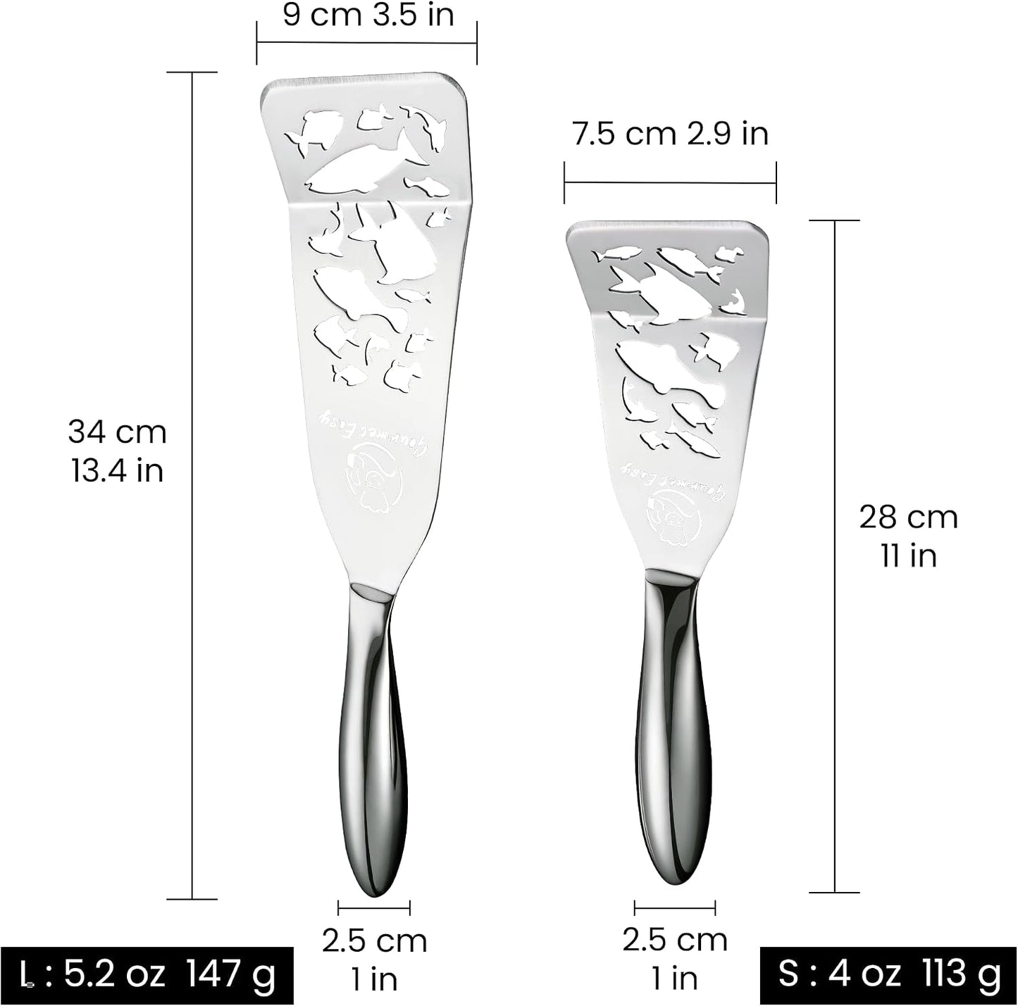 Stainless Steel Fish Spatula Set – 1 Large Fish Turner + 1 Small Metal Spatula, Ultra-Thin Edge for Easy Turning & Flipping, Metal Kitchen Utensils with Ergonomic Non-Slip Handle, Dishwasher Safe
