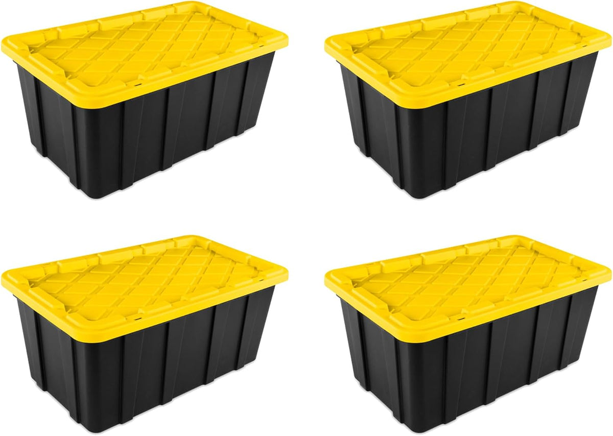 Sterilite 4-Pack 27 Gallon Industrial Storage Tote, Heavy-Duty Plastic Bins, Black/Yellow - Stackable Utility Organizers with Lids for Garage, Camping Tools, and Outdoor Gear