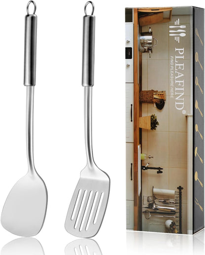 Pleafind 𝟑𝟑% 𝐎𝐅𝐅 Cooking Utensils Set - 4 Pcs Stainless Steel Kitchen Utensils Set with Solid Turner, Slotted Turner, Serving Ladle, Slotted Spoon, Wok Utensils Set with Heat Resistant Handle