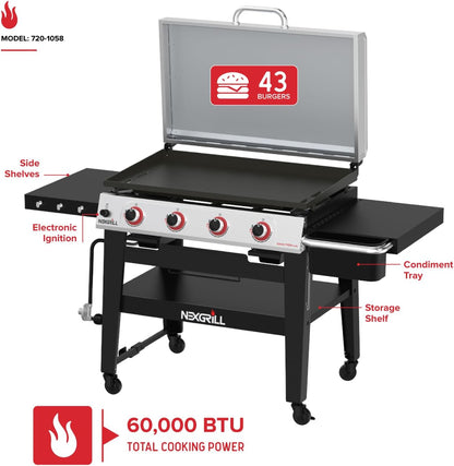 Nexgrill Daytona 4-Burner Propane Gas Griddle with Side Tables, 60000 BTU Flat Top Grill, 756 SQ In. Hot-Rolled Steel Cooking Space, Outdoor Cooking Barbeque, Black/Silver - 720-1058A