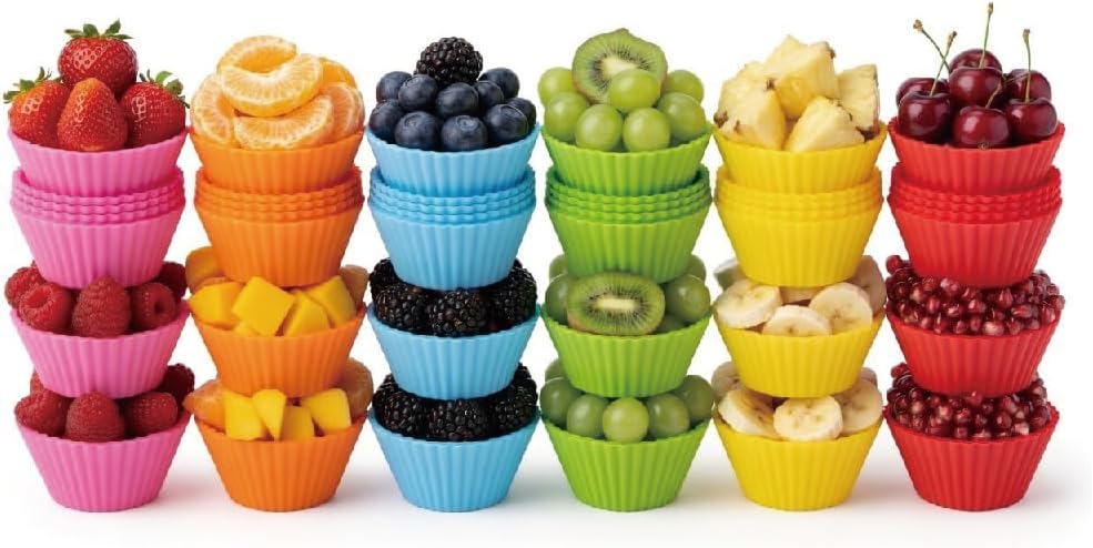 Premium Reusable 30 Pcs Silicone Baking Muffin Cups - 6 Bright Rainbow Colors, Food Grade Non-Stick Liners, Cupcake Molds