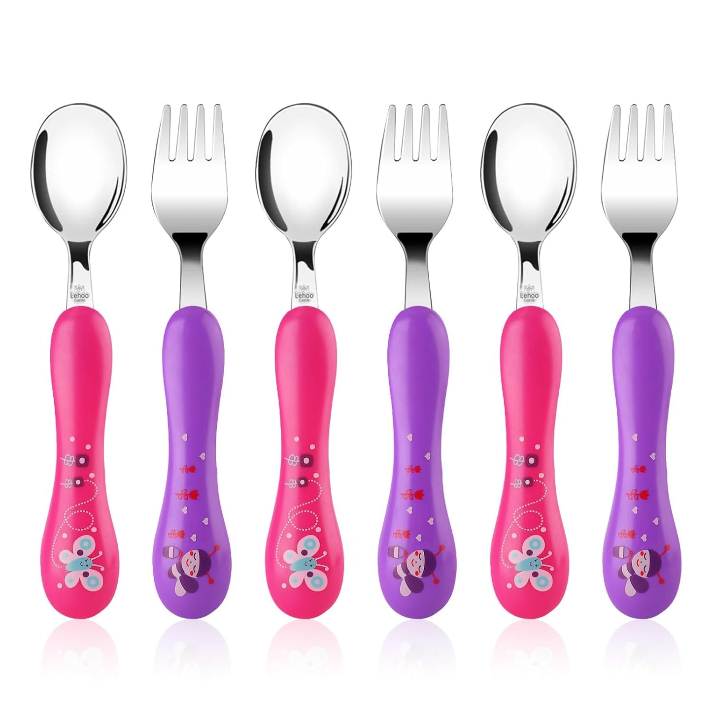 Lehoo Castle 6 Pieces Toddler Utensils, Kids Silverware for 2 3 4 Years Old, Stainless Steel Fork and Spoon Set with Plastic Handle, Safe Toddler Cutlery (Dinosaur)