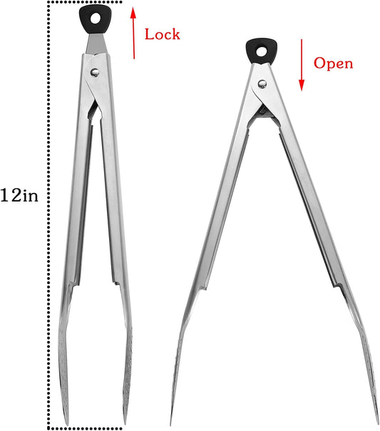 DEVICO Kitchen Tongs for Cooking, 18/8 Stainless Steel Salad Serving Tongs, 2Pcs 12-inch Locking Metal Tongs Set for BBQ/Grilling/Buffet, Heat Resistant and Dishwasher Safe