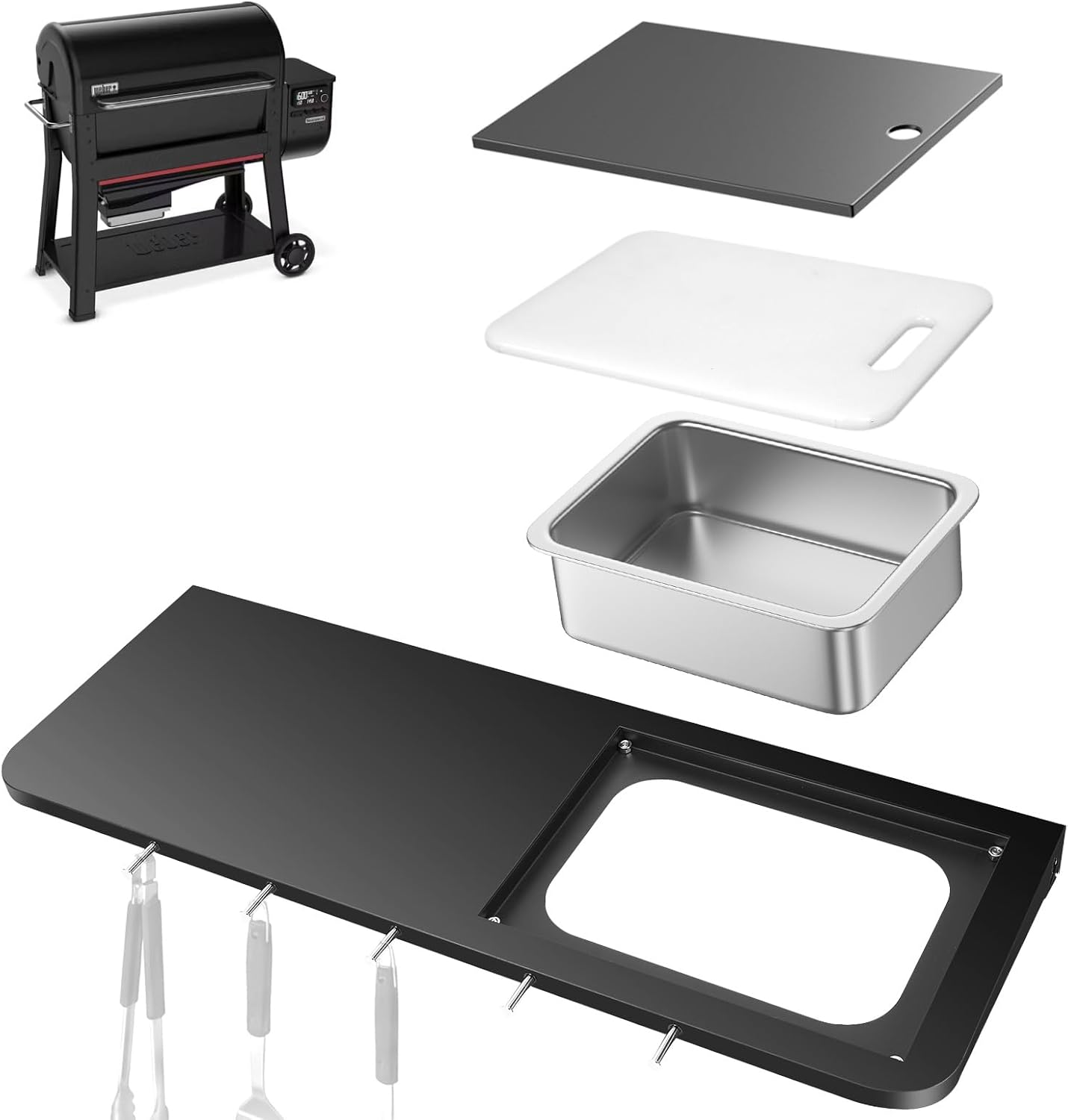 QuliMetal Folding Front Shelf for Traeger Pro 34, Texas Elite 34, Century 885 and Eastwood 34, 37" x 12" Heavy-Duty Grill Prep Table with Cutting Board, Stainless Steel Basin, Lid and 5 Hooks