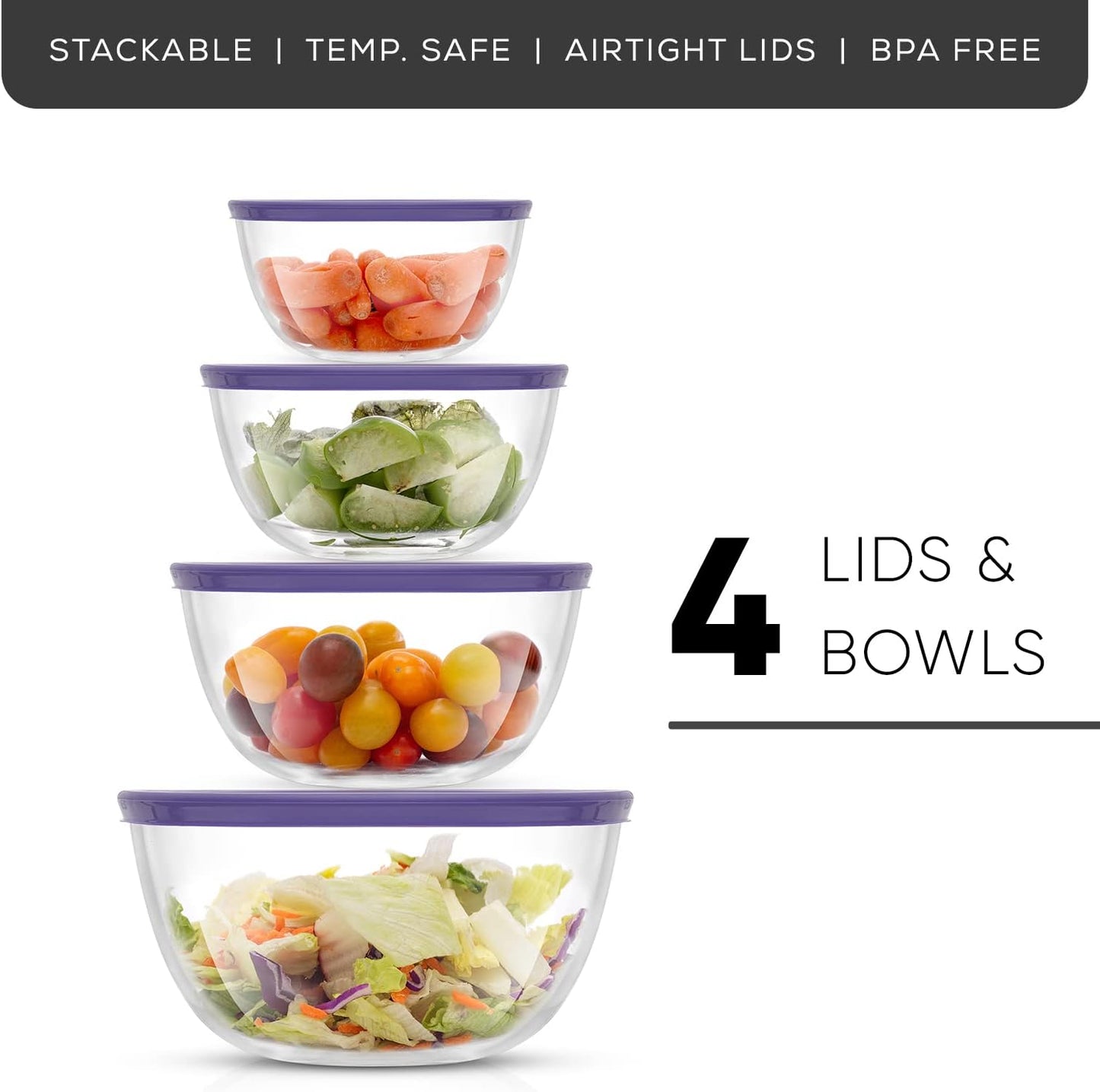 JoyJolt Kitchen Mixing Bowls - 8pc Glass with Lids Set – Neat Nesting Large Bowl Batter Cooking Storage and Big Salad BPA-Free Black
