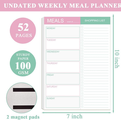 Magnetic Meal Planning Pad for Fridge - 10" x 7" Meal Planning Pad with Tear Off Shopping List. 52 Weeks Undated for Meal Planner and Grocery List with Magnet