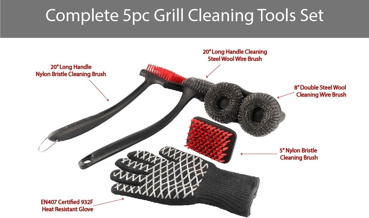 5 Pc. High Temperature Grill Cleaning Kit with Nylon & Wire Brushes, Heat Resistant Glove, Black