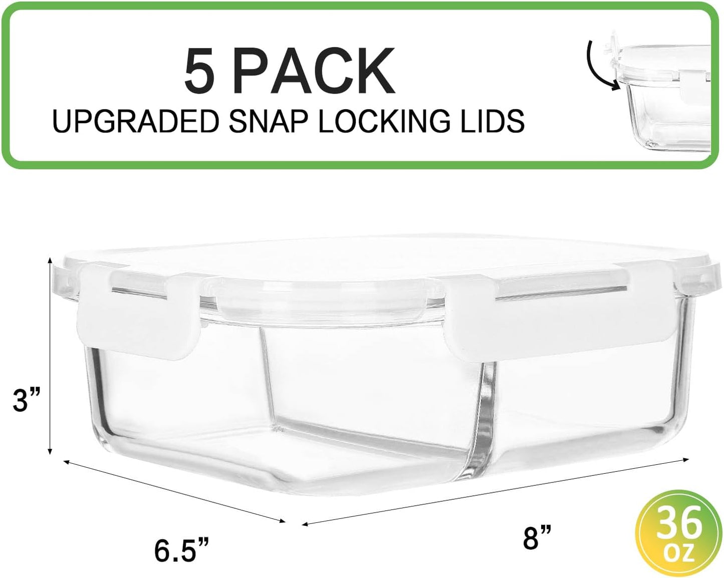 M MCIRCO [5-Pack,36 Oz] Glass Meal Prep Containers 2 Compartments Portion Control with Upgraded Snap Locking Lids Glass Food Storage Containers, Microwave, Oven, Freezer and Dishwasher (4.5 Cups)