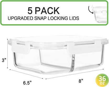M MCIRCO [5-Pack,36 Oz] Glass Meal Prep Containers 2 Compartments Portion Control with Upgraded Snap Locking Lids Glass Food Storage Containers, Microwave, Oven, Freezer and Dishwasher (4.5 Cups)