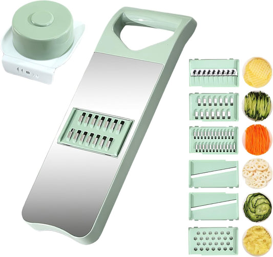 Vegetable Chopper, 7 in 1 Mandoline Food Slicer Cutter with Handheld Container, 6 Blades and Blade Box, Cheese Grater, Cucumber Slicer, Magnetic Kitchen Tools for Veggie Potato Onion Butter Carrot