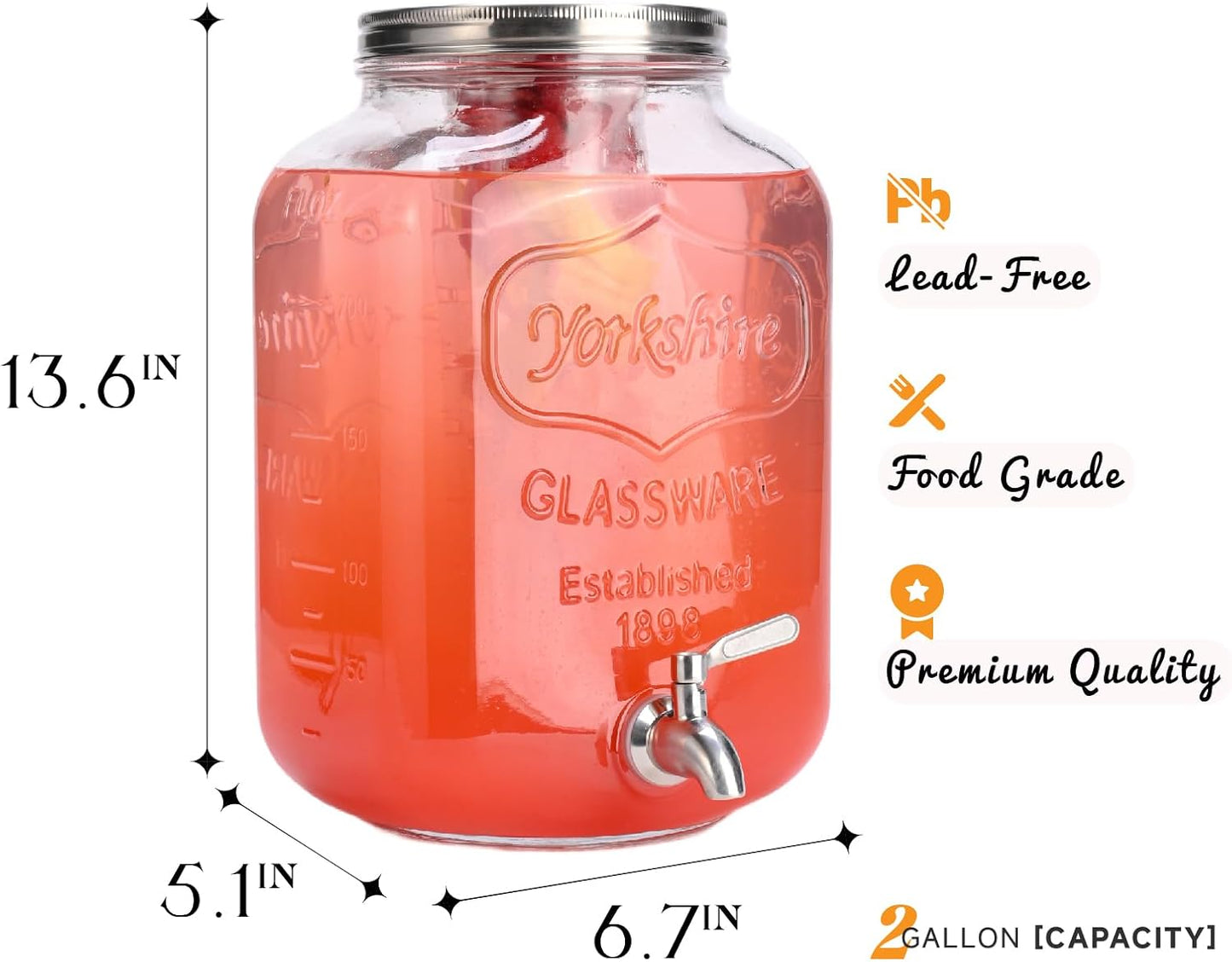 2 Gallon Glass Drink Dispenser,Beverage Dispenser with Stand,Lemonade Dispenser with 304 Stainless Steel Spigot Leakproof for Entertaining Guests, Picnic,Hosting Parties