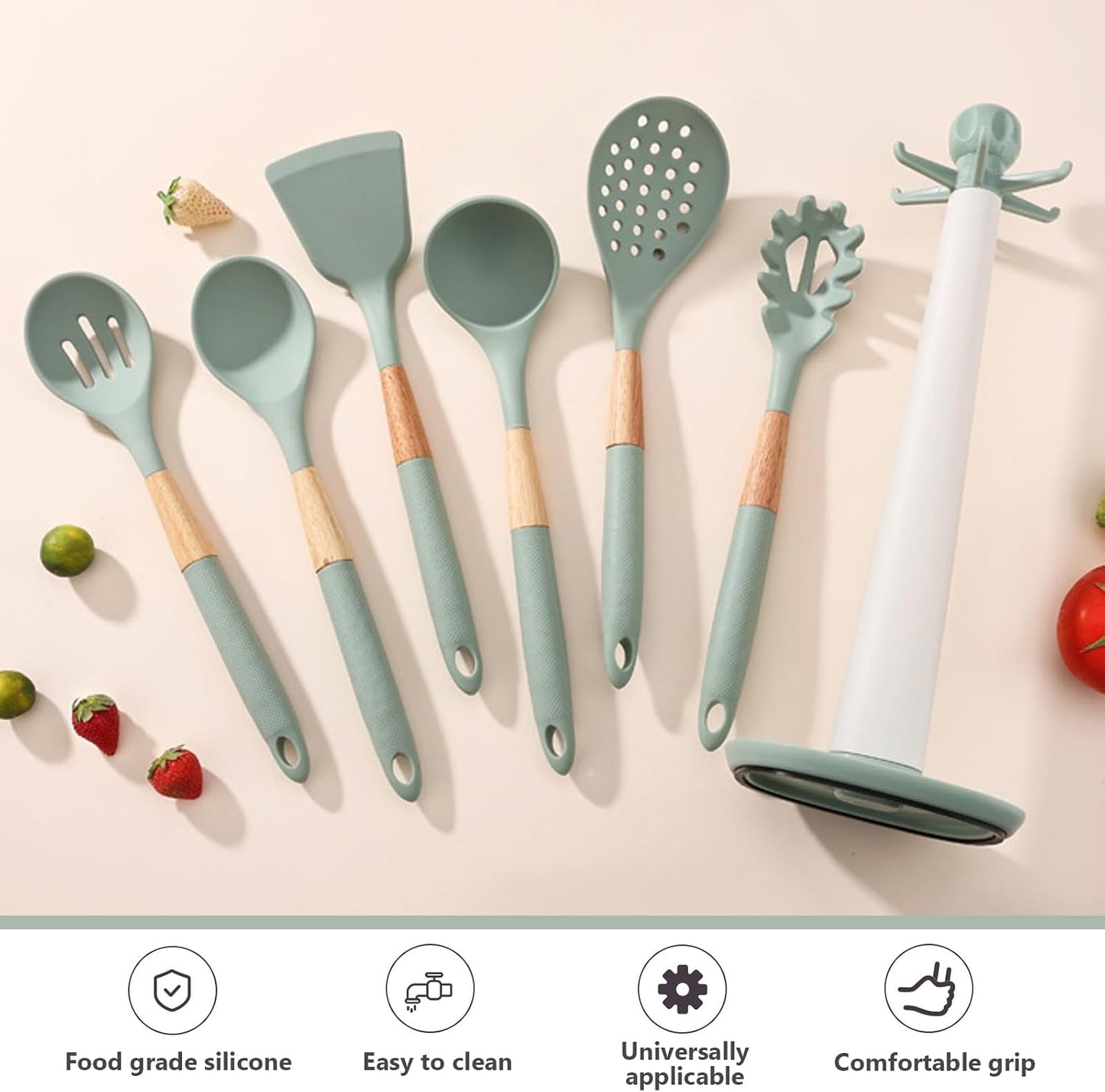 Cooking Kitchen Utensils Set, 7PCS Silicone Cooking Utensil Set with Rotating Holder, Heat Resistant Kitchen Essentials, Kitchen Gadgets for Cookware (Green)