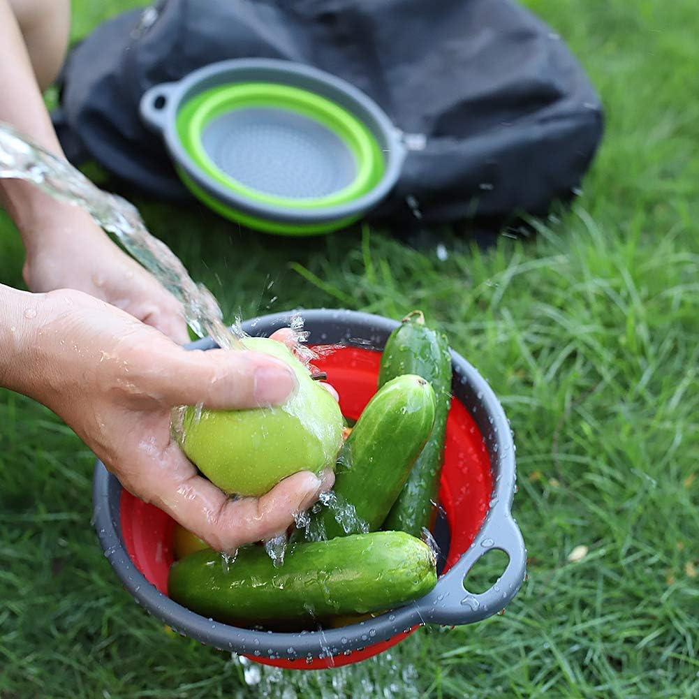 Foldable Silicone Strainer Colanders with Handles, Green and Red, 2 Pack