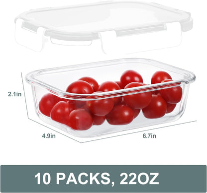 KOMUEE 10 Packs 22 oz Glass Meal Prep Containers, Glass Food Storage Containers with Lids, Airtight Lunch Boxes BPA Free, Microwave and Freezer Safe