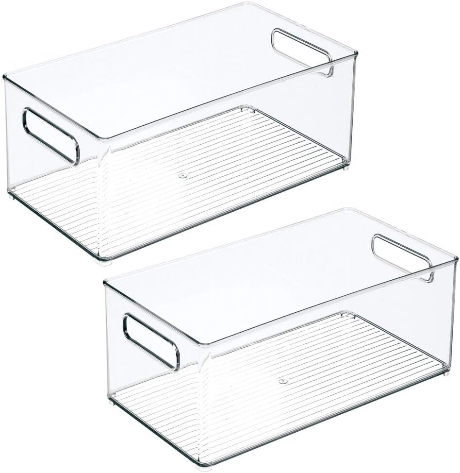 mDesign Deep Plastic Storage Organizer Container Bin, Office Organization for Filing Cabinet, Cupboard, Shelves, and Desk - Holds Notepads, Pens, Pencils, Highlighters, and Staplers - 2 Pack - Clear