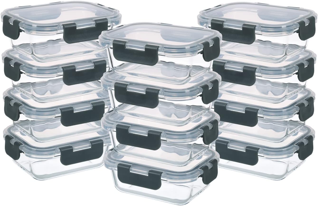 GULFLIN 12 Pack 22oz Glass Meal Prep Containers, Food Storage Containers with Lids, Air-Tight, Leak-Resistant, Freezer to Microwave Safe - Grey Set