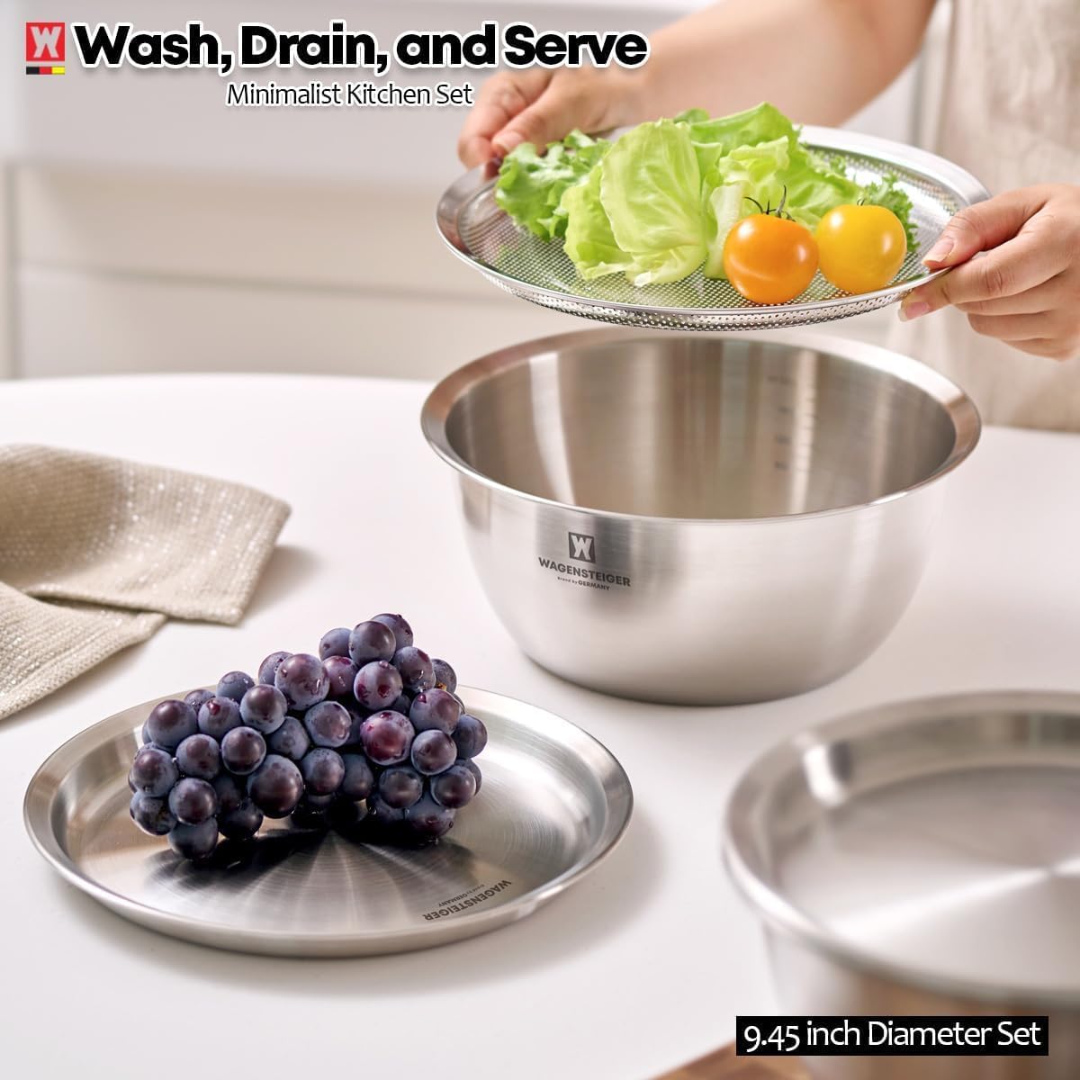 WAGENSTEIGER 3-Piece Stainless Steel Mixing Bowl Set with Strainer & Oil Drain Tray – Nesting Prep & Baking Bowls with Measurement Marks (9.45 in)