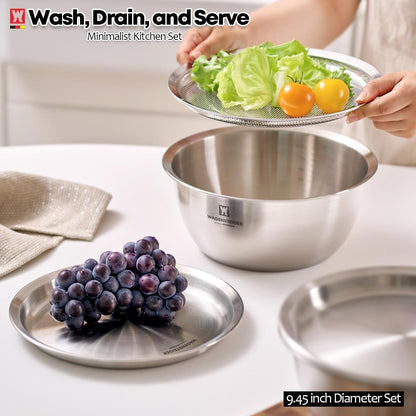 WAGENSTEIGER 3-Piece Stainless Steel Mixing Bowl Set with Strainer & Oil Drain Tray – Nesting Prep & Baking Bowls with Measurement Marks (9.45 in)