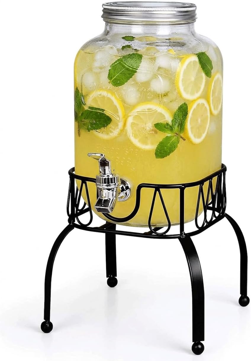 Estilo Gallon Drink Dispenser with Stand - Glass Beverage Dispenser with Stand for Weddings - Sun Tea Jar with Spigot 1 Gallon - Countertop Glass Water Dispenser for Lemonade and Parties