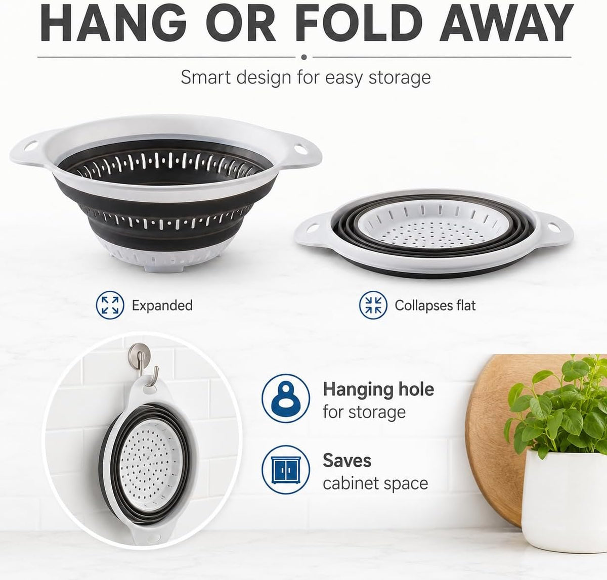 Collapsible Colander & Strainer, Space-Saving Silicone Basket, Round