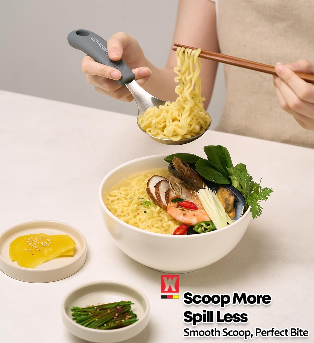 Short Stainless Steel Ladle 220mm (8.6”) – SUS304 Thick Deep Bowl Head with Soft-Grip Silicone Handle – Lightweight Mini Soup & Serving Spoon for Cooking – 5 Color Options (Gray)