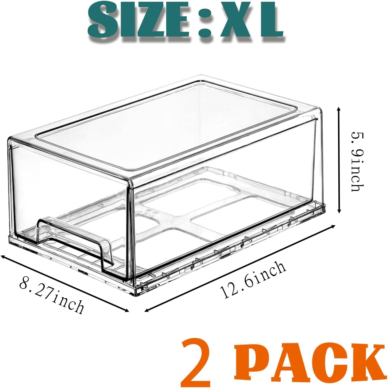 Clear Stackable Refrigerator Organizers and Storage Drawers - Pull-Out Fridge Bins with handles for Kitchen，Pantry，Cabinet，Bathroom, Undersink，Closet (2 Pack)