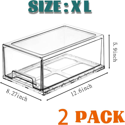 Clear Stackable Refrigerator Organizers and Storage Drawers - Pull-Out Fridge Bins with handles for Kitchen，Pantry，Cabinet，Bathroom, Undersink，Closet (2 Pack)