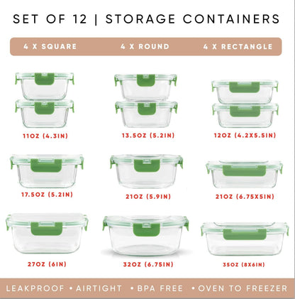 JoyJolt 24pc Borosilicate Glass Storage Containers with Lids | 12 Airtight/Freezer Safe Food Storage Containers for Pantry and Kitchen | Meal Prep Container for Lunch | Glass Tupperware Set