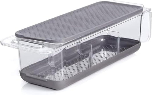 Copco Over the Sink Colander Fridge Storage Bin with Lid - Refrigerator Organizer for Fruits Vegetables Produce - Clear Design with Built-In Handles, Removable Drain Cover