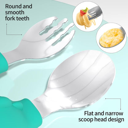 Deejoy Toddler Utensils - Stainless Steel Spoons and Forks, Kids Silverware Self Feeding Flatware Set with Travel Safe Case (Green)