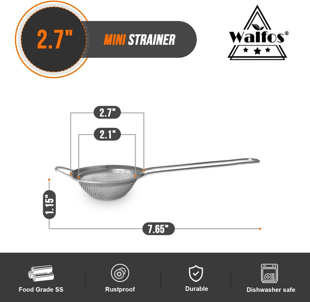 Walfos 6.3 Inch Fine Mesh Strainer, Premium Stainless Steel Sieve and Sifter with Handle, Kitchen Metal Strainers for Rice, Quinoa, Fruits, Noodles, Flour