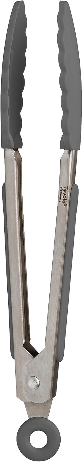 Tovolo Stainless Steel Tongs with Silicone Tips Set of 3 Mini 7” 9” 12 Inch with Easy Lock Mechanism for Cooking Grilling Air Fryer Serving, Red Black Charcoal Gray Heat Resistant Kitchen Tongs