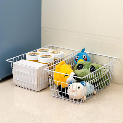 SANNO Freezer Baskets for Storage Pantry Large Metal Wire Food Storage Organizer Bin Basket with Handles - for Kitchen Cabinets, Pantry, Bathroom, Laundry Room, Closets, Garage - Chrome，2 pack