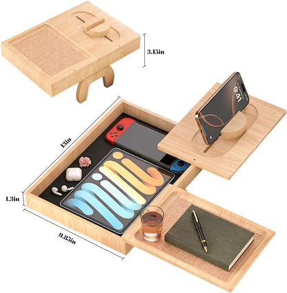Wooden Couch Cup Holder Tray with 2 Rotatable Tray, Couch Arm Tray with 360° Rotating Phone Holder & Anti Slip Tray, Armrest Tray Table for Couch, for Snacks, Drinks, Remotes
