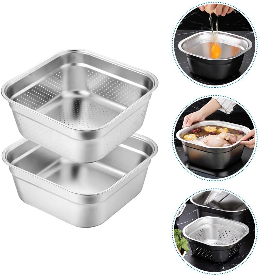 Zerodeko Stainless Steel Colander Bowl Set Square Kitchen Sink Metal Storage Basket Large Capacity Fruit Vegetables Washing Basin Rice Strainer Washer 22cm