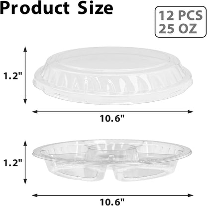12Pcs Disposable Fruit Trays, Round Plastic Appetizer Serving Tray with Lid 5 Compartment Party Platters Divided Food Dip Containers for Snack Vegetable Salad Veggie Fruit Organizer-Black