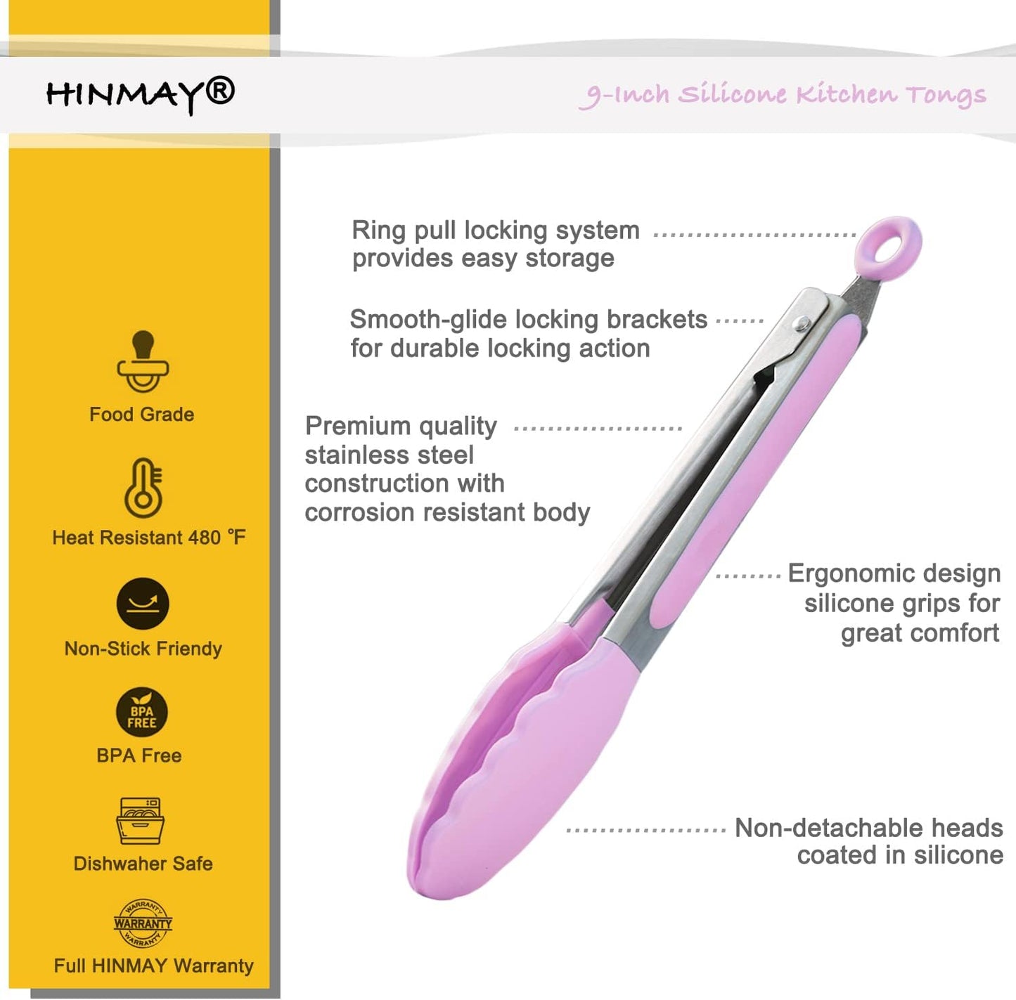 HINMAY Stainless Steel Kitchen Tongs 9-Inch Cooking Tongs, Set of 3