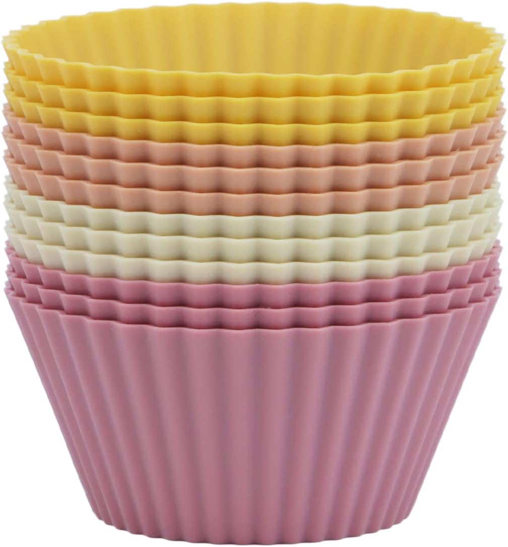 Silicone Baking Muffin Cups 12 Pack, Reusable Cupcake Liners Cake Molds, BPA Free, Dishwasher Safe(White, Green, Navy, Dusty Blue)