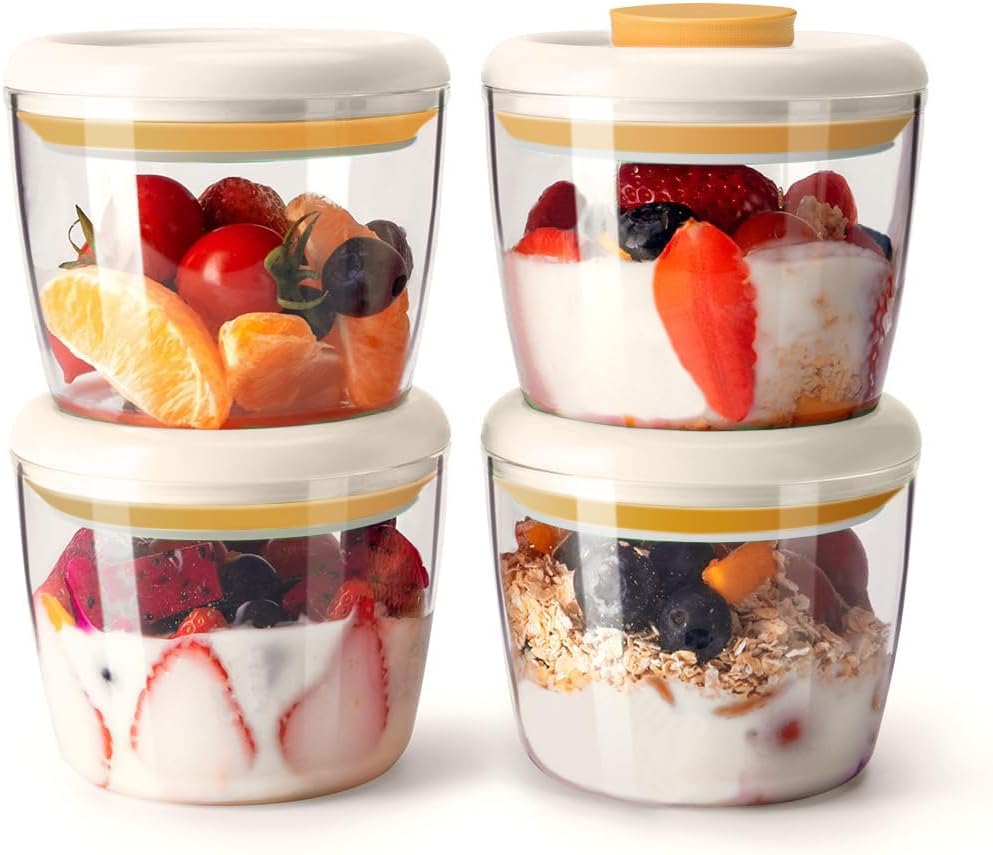 Glass Overnight Oats Containers with Lids, Meal Prep Containers Airtight Food Storage Containers Wide Mouth Snack Jars, Leakproof BPA-Free Pop Lid Bowl for Breakfast Leftovers 14oz 400ml Set of 4