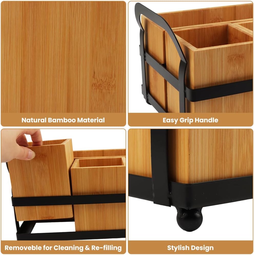 Silverware Caddy for Party, Wood Utensil Holder with 4 Compartments Paper Plate Dispenser for Kitchen Countertop Organizing Paper Plate, Fork, Spoon, Napkin