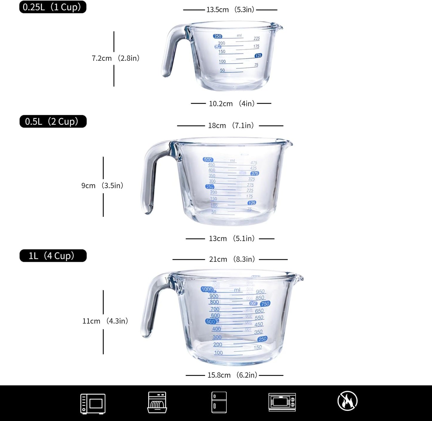 Kitchen Glass Measuring Cup Three-Piece Set, Measuring Jug with Scale,Egg Beater，Flour Measurers， Dishwasher Safe (250ml/1Cup, 500ml/2Cup, 1000ml/4Cup)(Transparent)