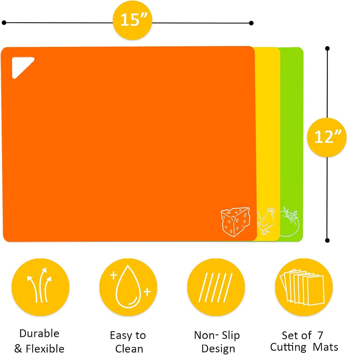 7 Pieces Plastic Flexible Cutting Boards for Kitchen, BPA- Free,15"x12"