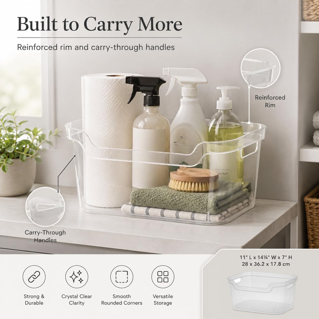 （2 Pack） Clear Plastic Storage Bin, Large Open Organizer Bin with Handles, 14.25" L Easy Access Pantry & Closet Organizer, See-Through Container for Home Office