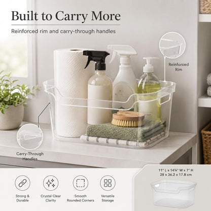 （2 Pack） Clear Plastic Storage Bin, Large Open Organizer Bin with Handles, 14.25" L Easy Access Pantry & Closet Organizer, See-Through Container for Home Office