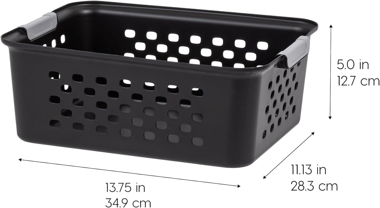 IRIS USA Plastic Storage Baskets, 6-Pack, Made in USA, Shelf Baskets Small Baskets Organizing Bins for Pantry Countertops Closet Shelves Laundry Room Office, Multi-Purpose, Nestable, Easy Carry, Black