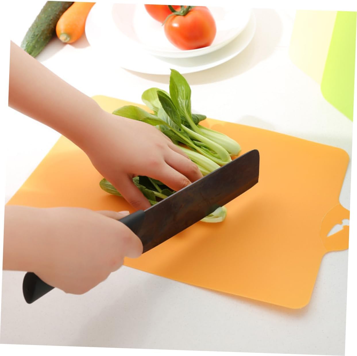 Unomor 4pcs Flexible Cutting Board Non-slip Textured Mats for Kitchen Prep Safe Material Includes Blue Green Beige Orange Easy to Hang and Store