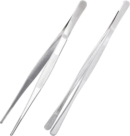 uxcell 2Pcs Kitchen Tweezers Stainless Steel, 8 Inch Food Tongs Fine Cooking Tweezers Set Extra-Long Tweezer Tongs for Cooking Grill Baking BBQ, Silver Straight Clip