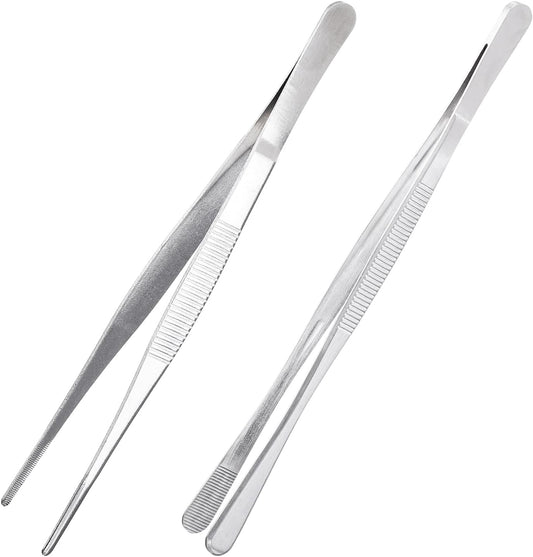 uxcell 2Pcs Kitchen Tweezers Stainless Steel, 8 Inch Food Tongs Fine Cooking Tweezers Set Extra-Long Tweezer Tongs for Cooking Grill Baking BBQ, Silver Straight Clip