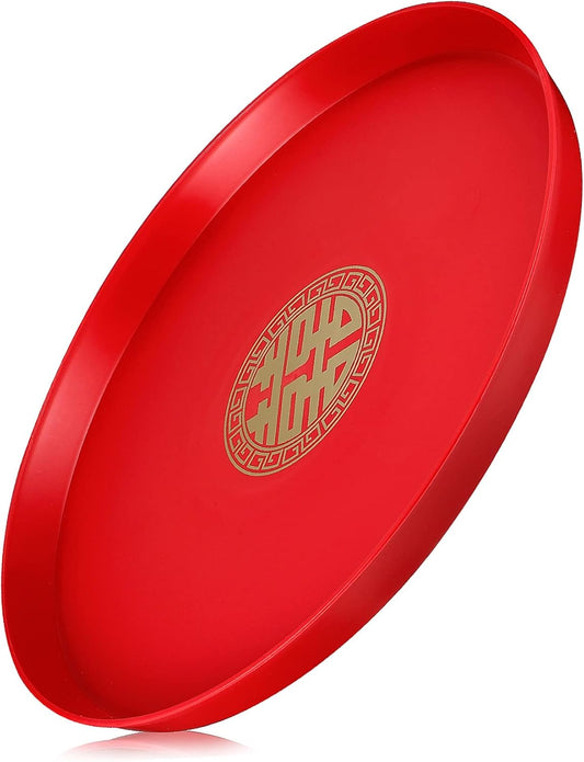 Red Round Wedding Serving Tray Chinese Style Snack Candy Dried Fruit Platter Decorative Storage Dish for Wedding Parties Family Events 13 Inch